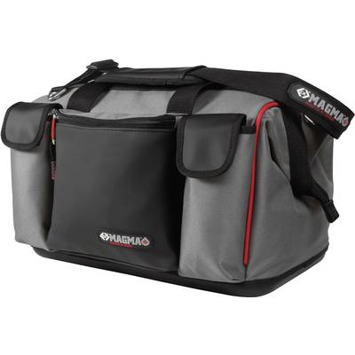 Grey and black magma bag with red details and multiple compartments, suitable for transporting tools or devices.