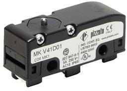 Industrial microswitch by Pizzato, Model MK V41D01, displays brand logo and technical specifications on the front.