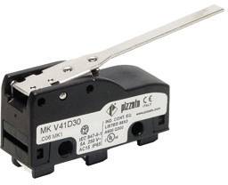 A microswitch from Pizzato with a metal lever, Model MK V41D30, white labels with technical specifications and brand logo.