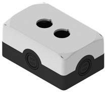 Housing with two holes on the top surface, suitable for toggle switches or buttons, in black and white colours.