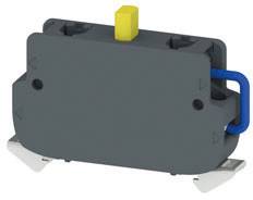 A grey microswitch with a yellow button and blue connection. Used for electrical circuits to control signals.