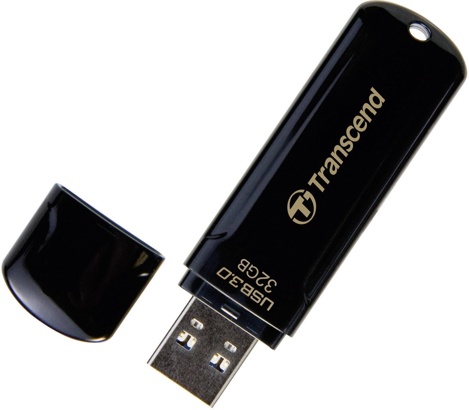 USB stick with cap removed, Transcend brand, 32 GB capacity, USB 3.0.