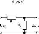 Circuit diagram of a voltage divider with two resistors R1 and R2. Input voltage 'Uin' on the left, output voltage 'Uout' on the right.