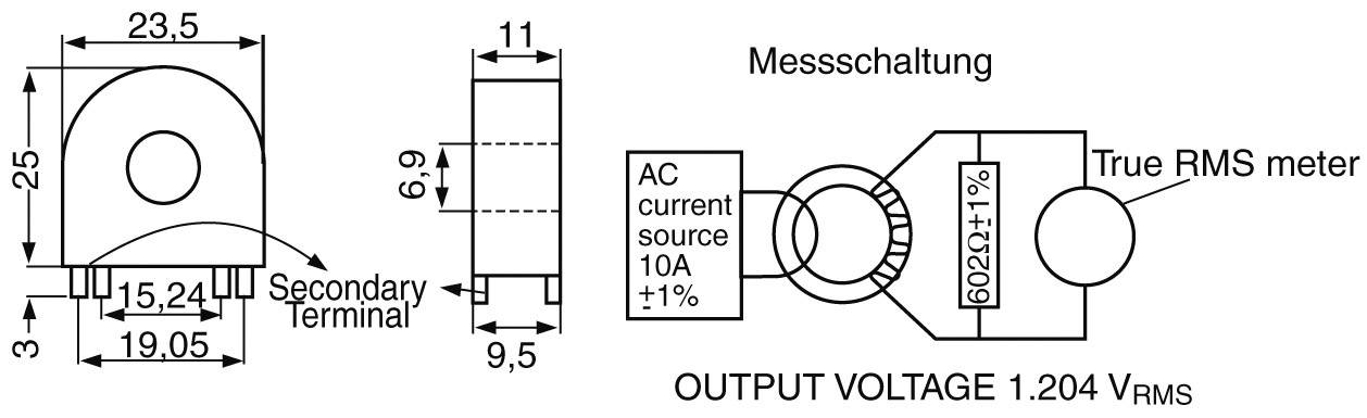 Measurement circuit for a current transformer with true RMS measuring device. AC current source indicates 10A ±1%, output voltage 1.204 VRMS. Diagram shows dimensions and connections.