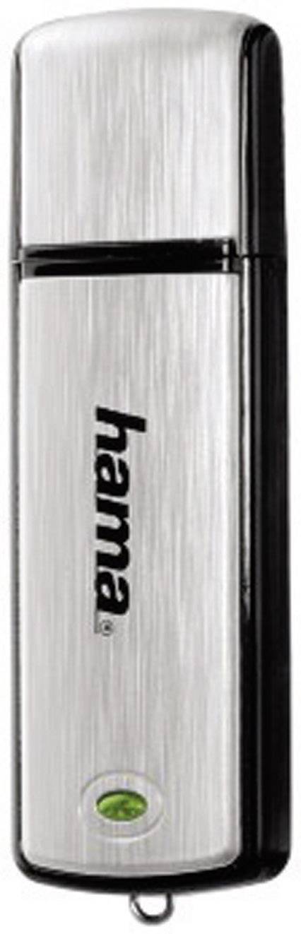 A silver USB stick with a black border. 'hama' brand printed on it.
