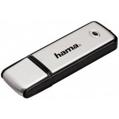 A USB drive with a black and silver casing, branded with 'hama'.