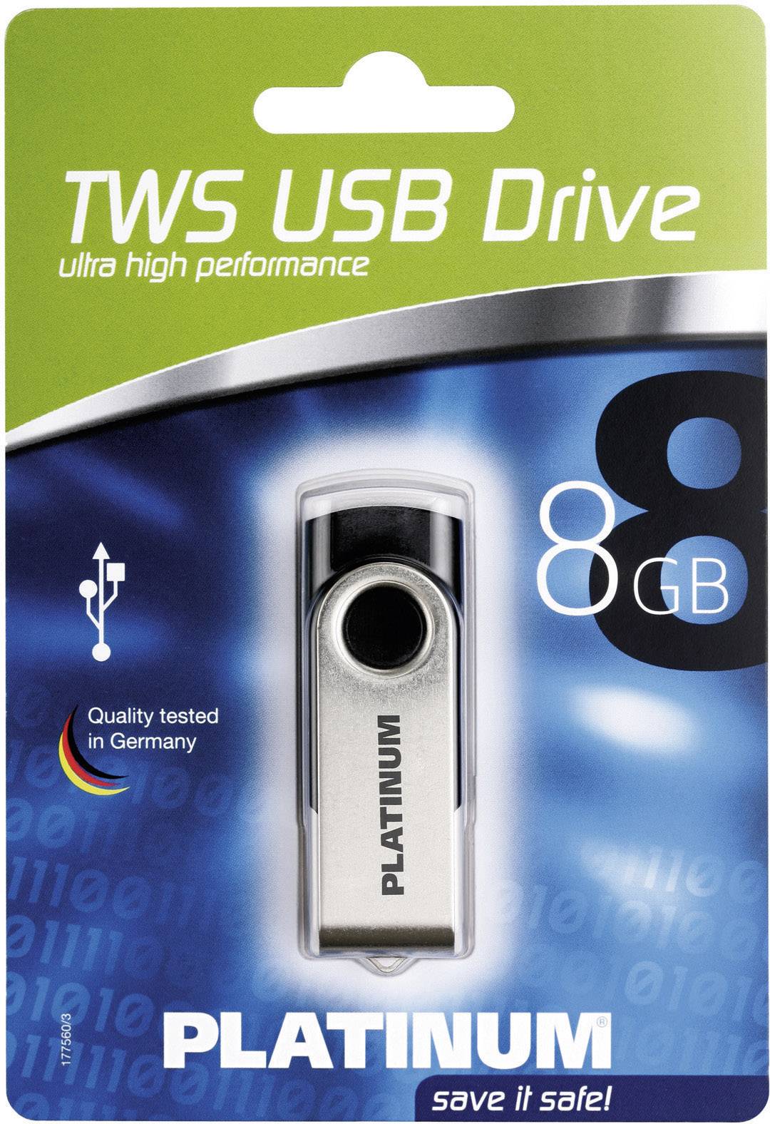 'TWS USB Drive' packaging with 8 GB capacity. 'Ultra high performance' and 'Quality tested in Germany' are highlighted.