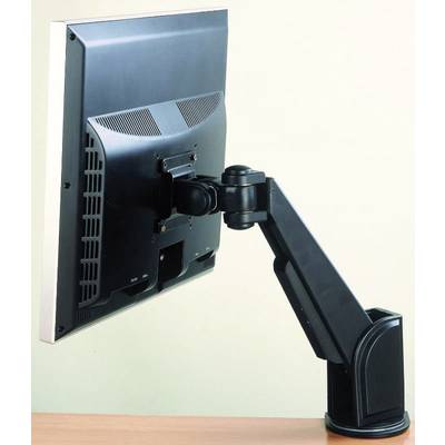 A computer monitor mounted on an adjustable arm, sitting on a desk. The screen displays no content.