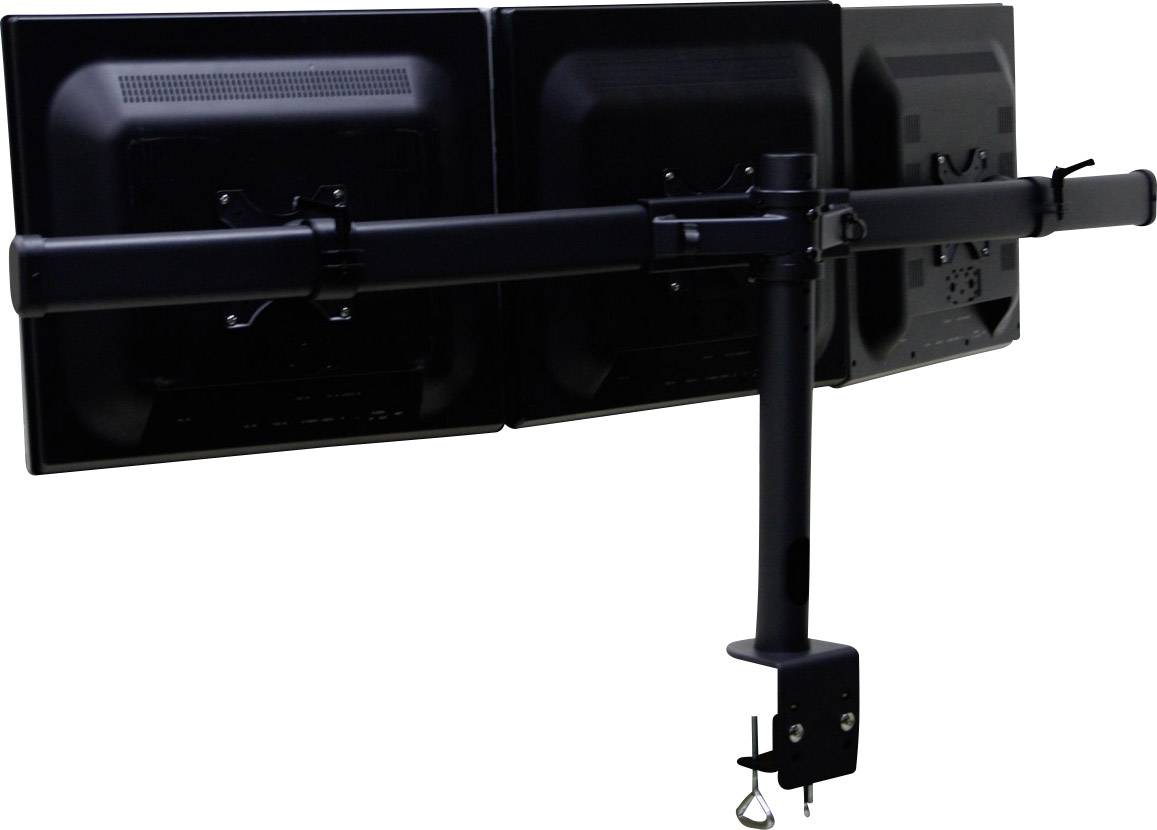 A triple monitor mount with two arms, supporting three monitors side by side. Suitable for desk mounting.
