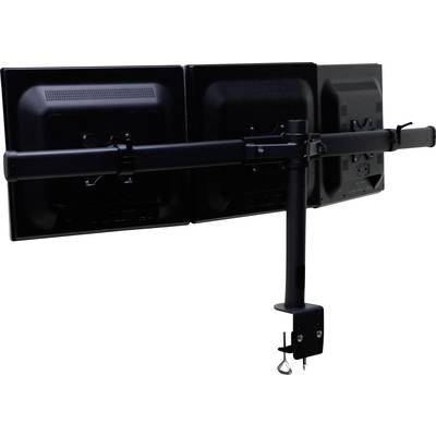 A triple monitor mount with two arms, supporting three monitors side by side. Suitable for desk mounting.