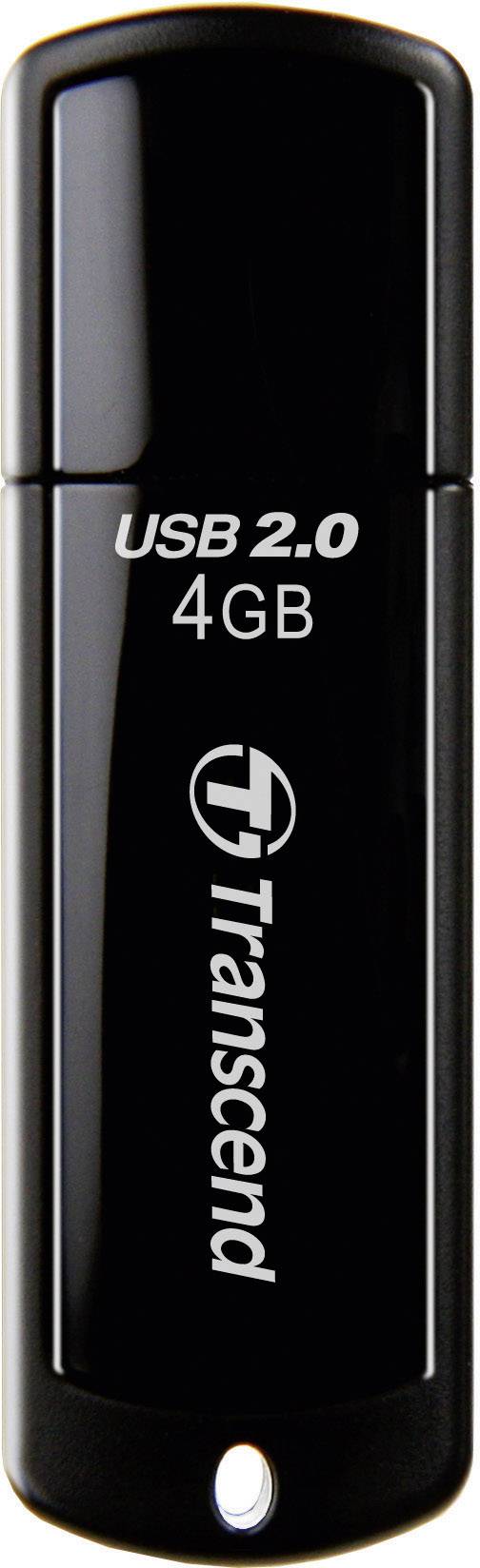 Black USB stick with the inscription 'USB 2.0 4GB Transcend'.