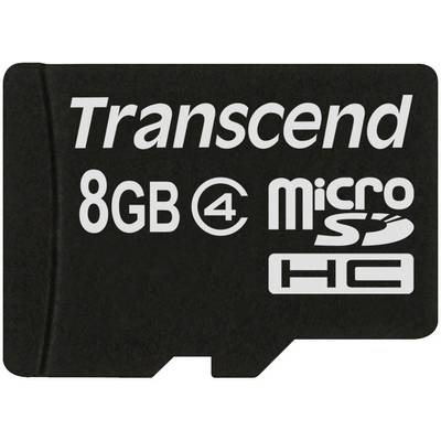 Transcend 8GB Micro SDHC card, black surface, white text, for digital storage.
