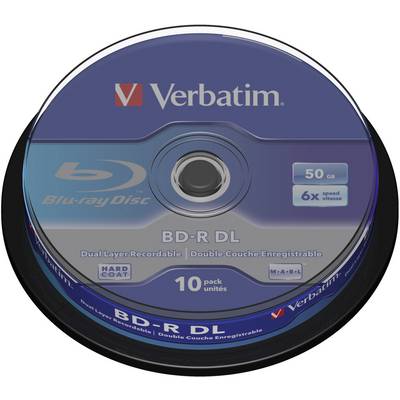 A Verbatim Blu-ray disc spindle with 10 BD-R DL discs, 50 GB capacity, 6x speed, and 'Dual Layer Recordable' labelling.
