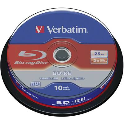 Verbatim Blu-ray Disc with 25 GB storage, rewritable, BD-RE, 2x speed, 10-pack, blue design.