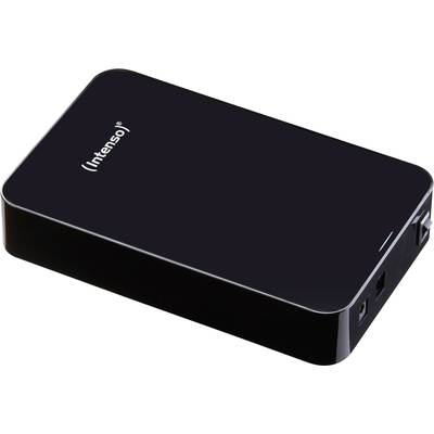 Black external hard drive by the brand 'Intenso'. It has a USB connection and is compact, suitable for data management and backup.