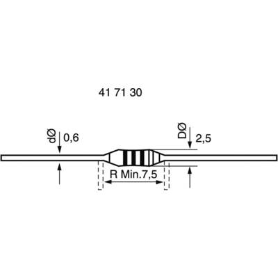 Technical drawing of a resistor with dimensions: diameter 0.6 mm and 2.5 mm, length indication 'R Min. 7.5'.