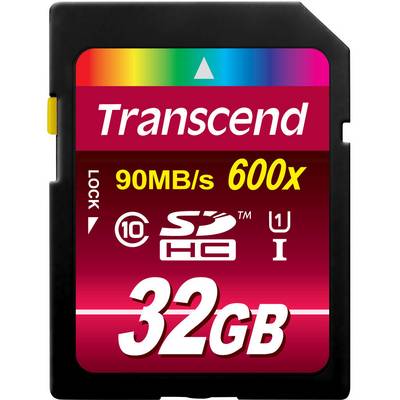 A Transcend memory card with 32 GB, Class 10, UHS-I, offers up to 90 MB/s speed, suitable for SDHC-compatible devices.