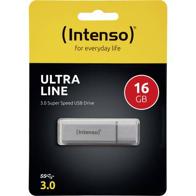 USB Stick Packaging, 'Intenso Ultra Line', 3.0 Super Speed USB, 16 GB Capacity. Packaging in Black and Yellow.