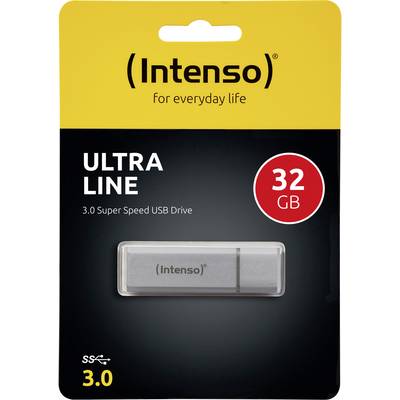 'Intenso Ultra Line 32 GB USB Drive, 3.0 Super Speed' shown in black and yellow packaging.