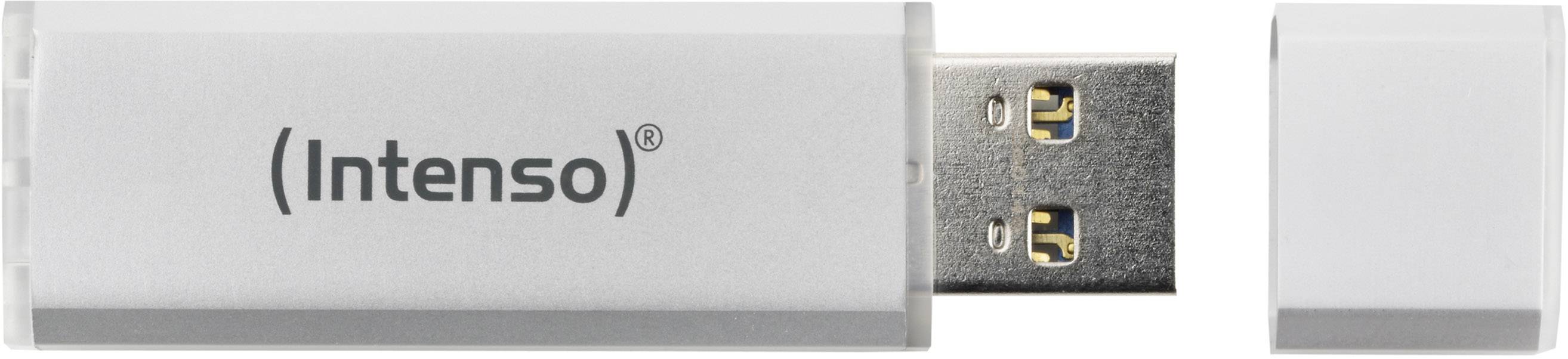 USB stick by 'Intenso' with its cap removed, showing the USB connection. Device in silver design on a white background.