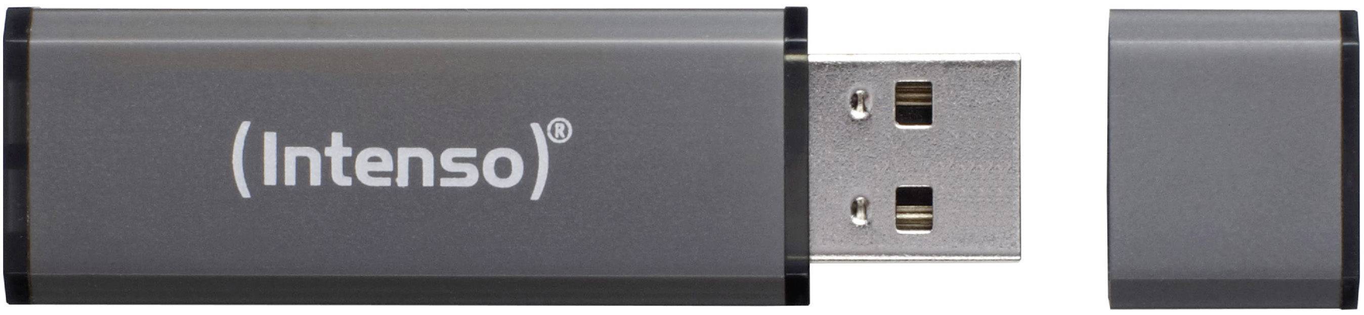 A grey Intenso USB stick with its cover removed, USB port exposed on the right.