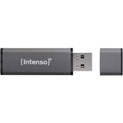 A grey Intenso USB stick with its cover removed, USB port exposed on the right.