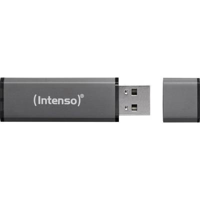 Grey 'Intenso' USB stick with cap removed, shown in horizontal orientation.