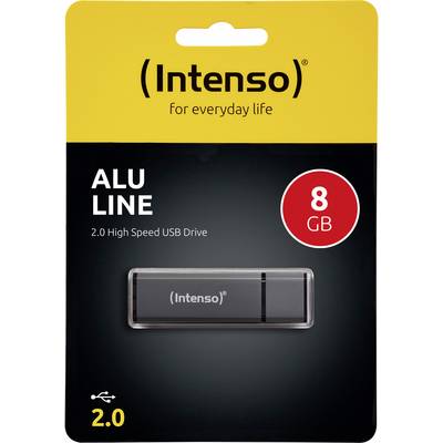 A pack of an 'Intenso' USB stick, model 'ALU LINE' with 8 GB capacity, suitable for fast USB 2.0.