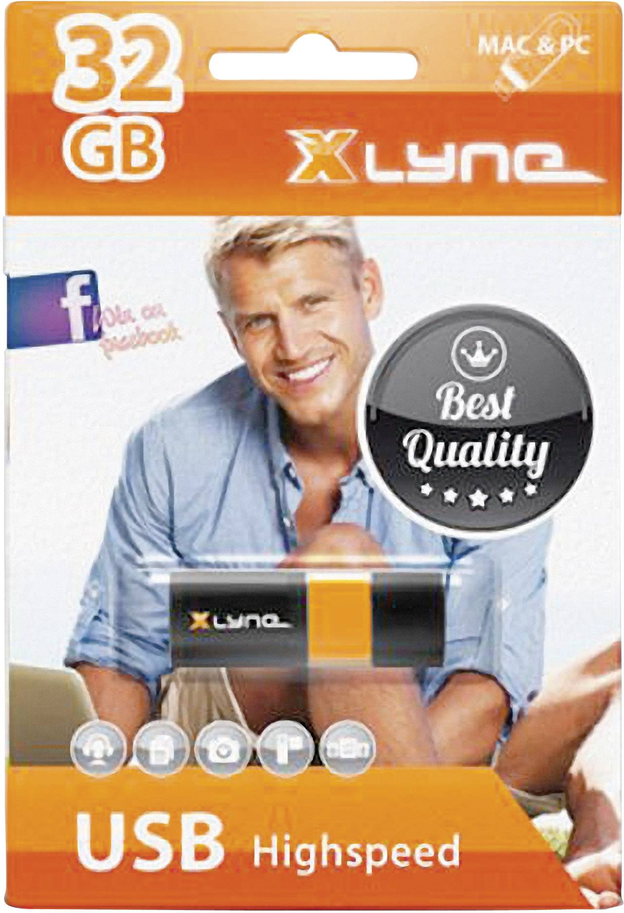 Packaging for a 32 GB USB drive by Xlyne, featuring the inscription 'Best Quality'. Suitable for Mac & PC. A person is shown in the background.