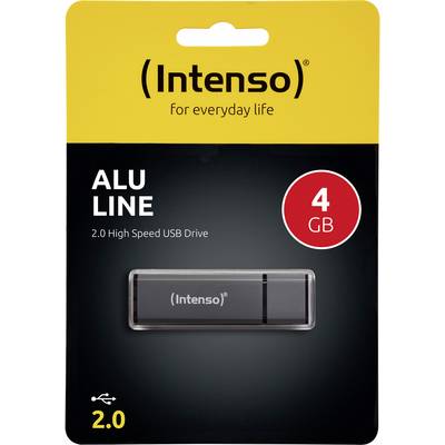 'Intenso ALU LINE' USB stick, 4 GB, High Speed 2.0, black packaging with yellow print on top, for daily use.