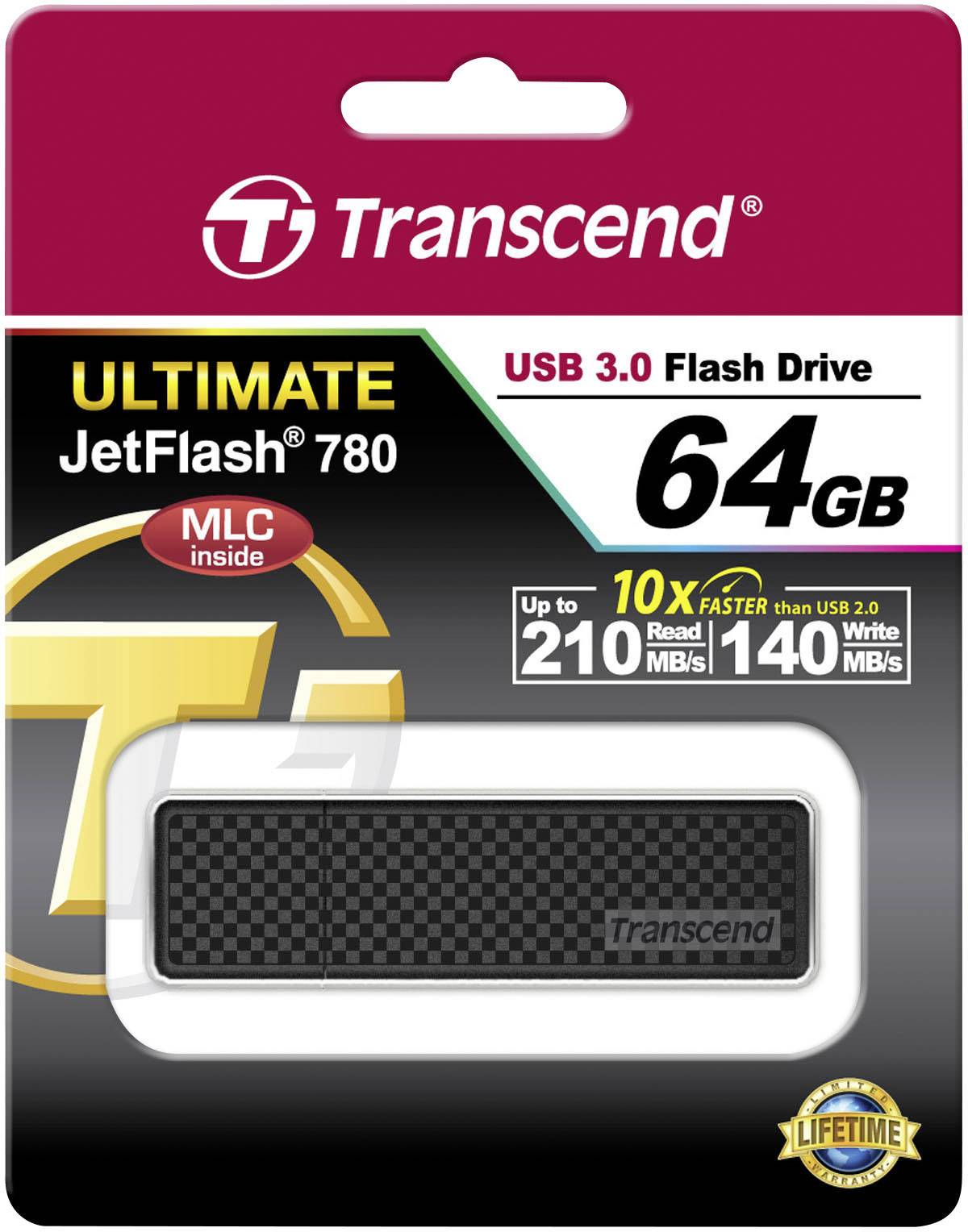 Transcend JetFlash 780 USB drive with 64 GB capacity, USB 3.0, supports read speeds up to 210 MB/s and write speeds up to 140 MB/s.