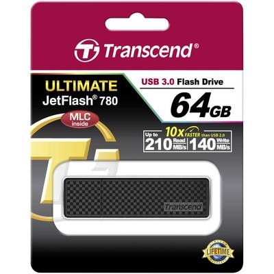 Transcend JetFlash 780 USB drive with 64 GB capacity, USB 3.0, supports read speeds up to 210 MB/s and write speeds up to 140 MB/s.