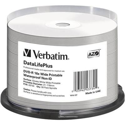 Stack of 50 Verbatim 16x rewritable DVDs, printable and waterproof, manufactured in the UAE. Ideal for media archiving.