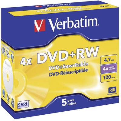Verbatim DVD+RW Pack; contains 5 rewritable DVDs with 4.7 GB storage capacity and 4x write speed; 120 minutes.