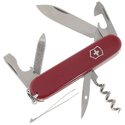 Red Swiss Army knife with multiple unfolded tools, including blade, can opener, corkscrew, and screwdriver.