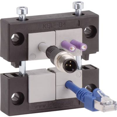 A cable pass-through system with multiple cables, including Ethernet cables and M12 connectors, mounted on a carrier plate.