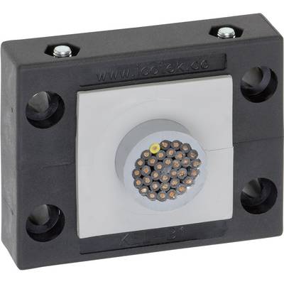 A black cable grommet with cable passes through a rectangular, grey mounting bracket. Four screws at the corners secure the mounting bracket.