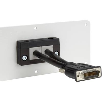 Two black cables with a large metal plug are attached to a white plate. The plug has many small contacts.