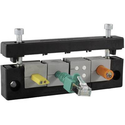 A cable entry system with various wired connections: yellow, green, orange. Ideal for network installations.