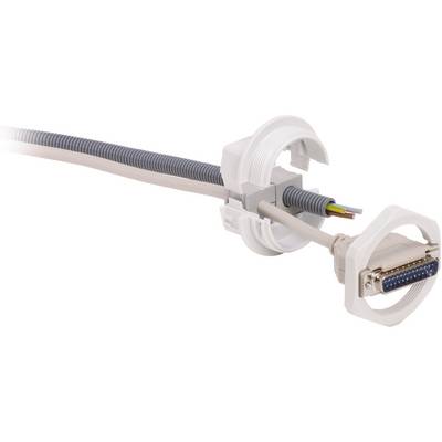 Cable entry with grey corrugated conduit and electrical cables, connected to a plug with many small round pins.