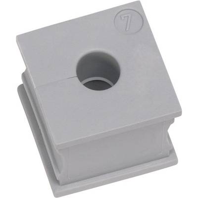 Grey plastic block with a hole in the centre, square-shaped, with the number '7' etched in the corner.