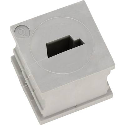 A grey plastic component with a square shape and a rectangular cut-out in the centre.