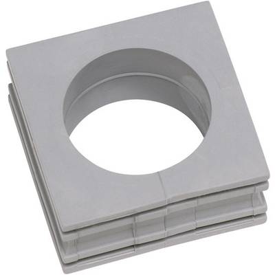 Grey, square plastic component with a circular hole in the centre. Suitable for fastening or as a seal in technical applications.