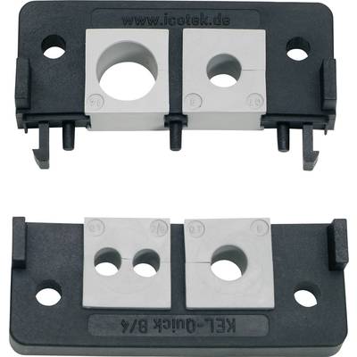 Two black mounting brackets with grey-white cable entry modules, bearing the labels 'KEL-QUICK 8/4' and 'www.icotek.de'.