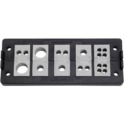 Cable entry system with various sealing inserts in a rectangular mounting bracket for cable management.