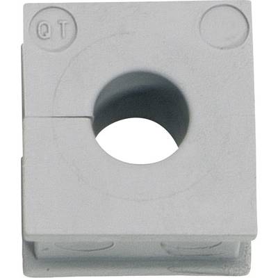A white, rectangular plastic block with a round hole in the centre and the marking 'QT' in the top left corner.