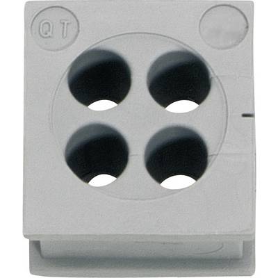 Grey plastic box with four round openings in a square arrangement, with the text 'QT' on one side.