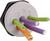 A cable entry system with four cables in different colours: green, purple, and orange, routing cables through a round, grey plate.