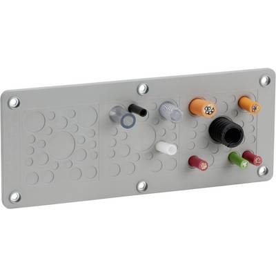Grey-yellow cable entry panel with colourful cable glands and screws at the corners.