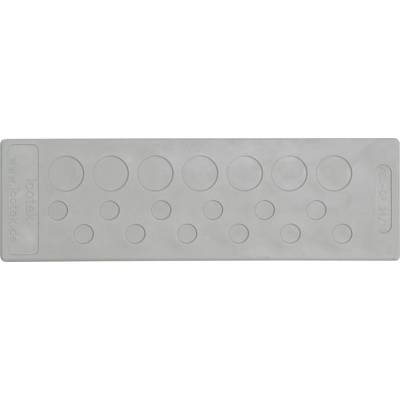 Grey-coloured, flat rubber sheet with various circular cut-outs in different sizes. Includes label 'icotek'.